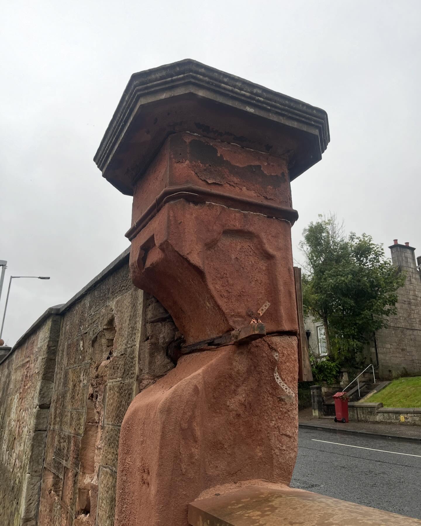 fixing lodged through the centre of this original gate pillar, we have had to lift the top two stones off and reduce the height and rebuild them keeping the detail for years to come